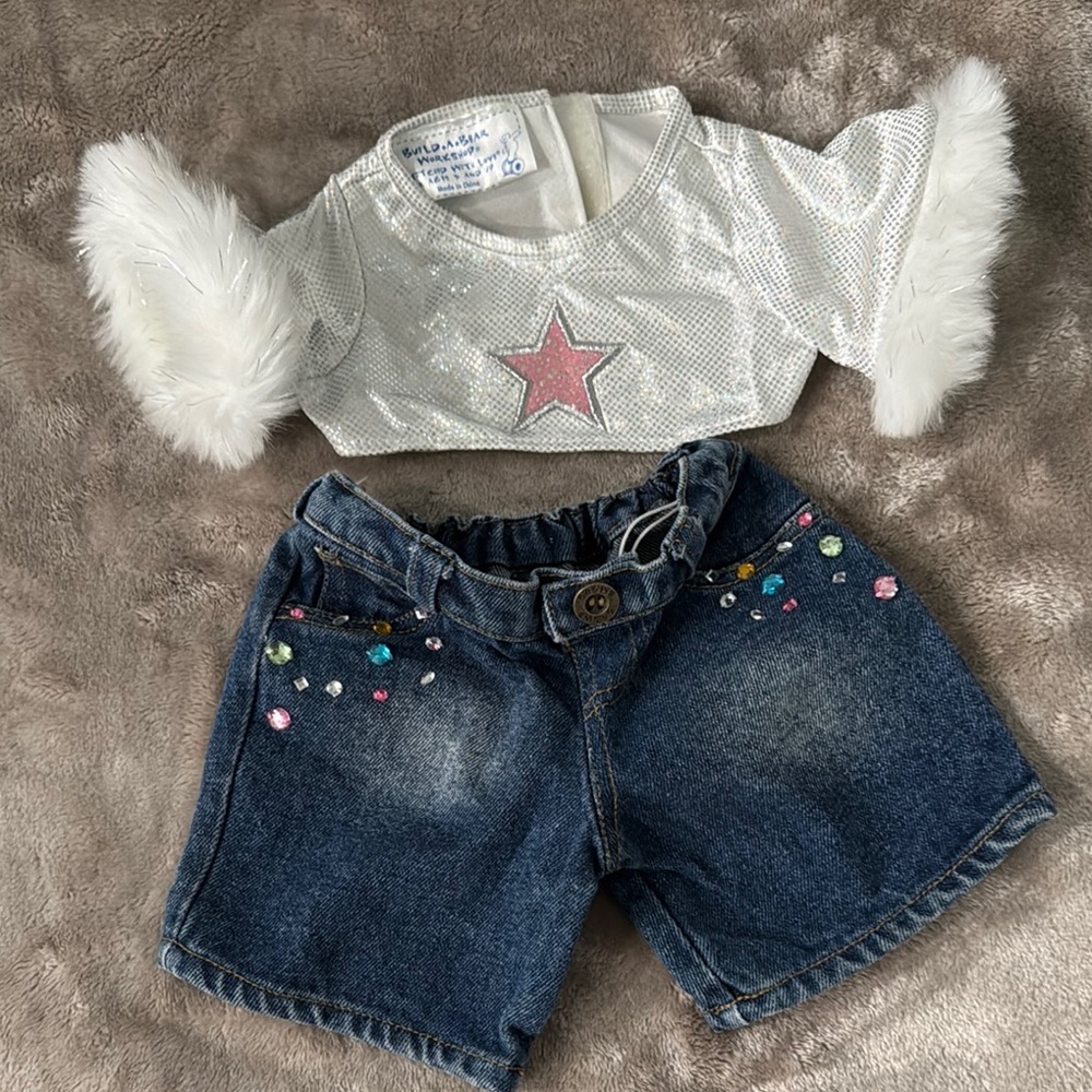 Sparkly White Top with Star and Denim Shorts